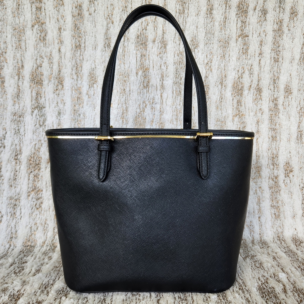 Michael Kors "Saffiano Frame" Jet Set Medium Tote Purse Black Leather Authentic - Picture 5 of 15